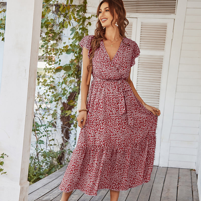 Summer Dresses Ruffle Cap Sleeve V Neck Belt Long Casual Party Beach Dress