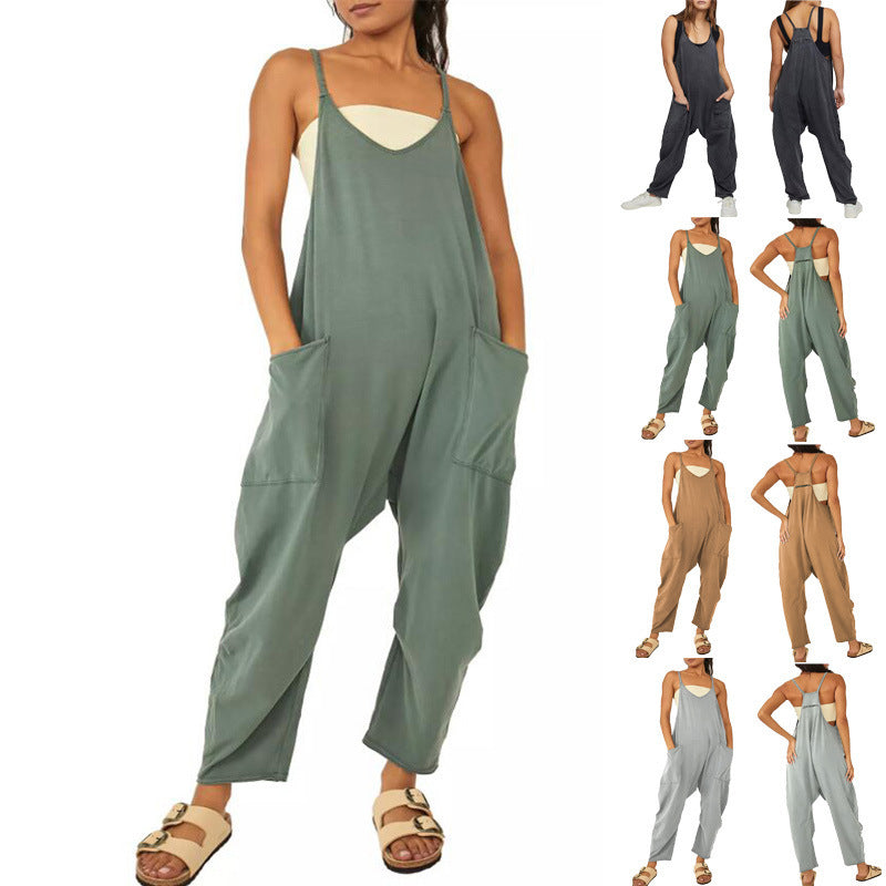 Summer Sleeveless Jumpsuit for Women - Loose Fit, Stretchy, with Pockets and Zipper Closure