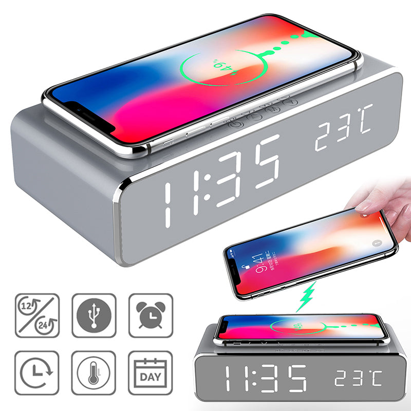 Desktop Alarm Clock with Wireless Charging and HD Mirror Display