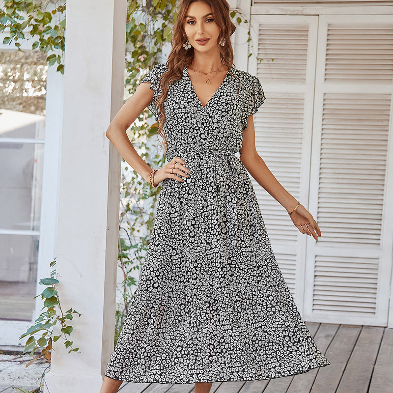 Summer Dresses Ruffle Cap Sleeve V Neck Belt Long Casual Party Beach Dress