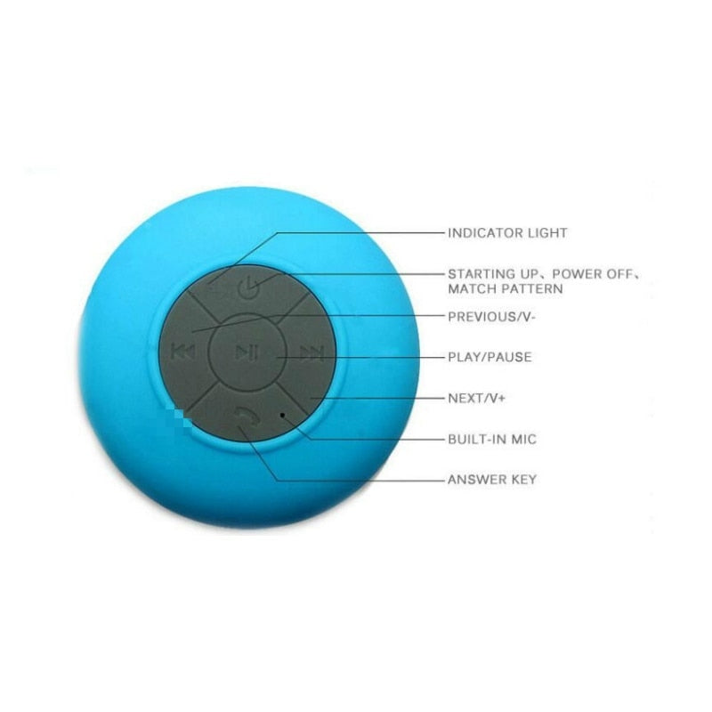 Portable waterproof Bluetooth speaker with suction cup for Bathrooms and Kitchens.