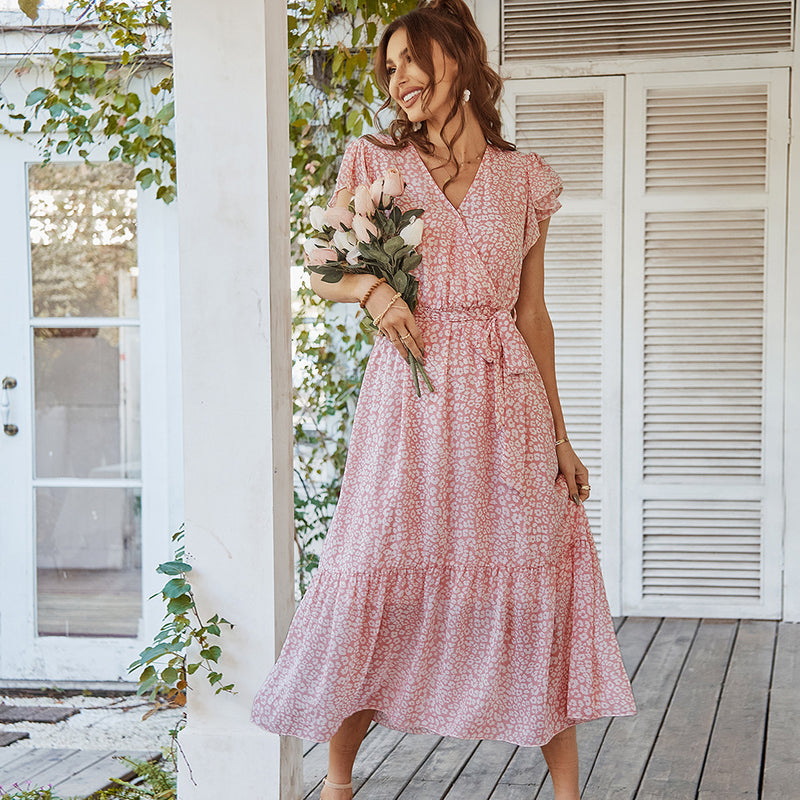 Summer Dresses Ruffle Cap Sleeve V Neck Belt Long Casual Party Beach Dress