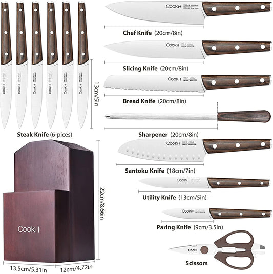Professional Stainless Steel Cutlery Set with Wooden Block - 15 Pieces