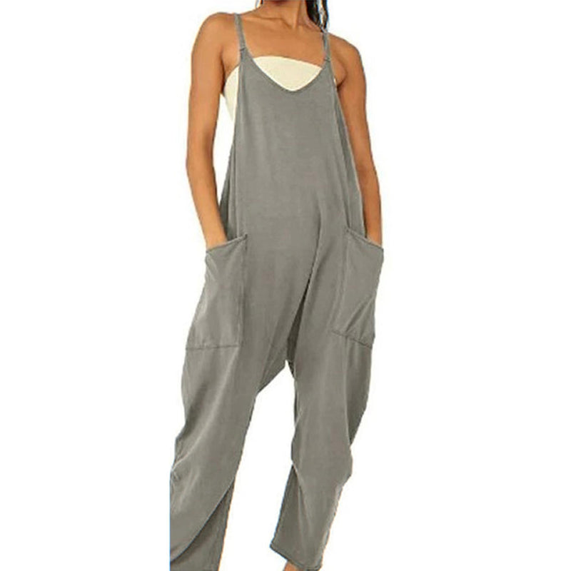 Summer Sleeveless Jumpsuit for Women - Loose Fit, Stretchy, with Pockets and Zipper Closure