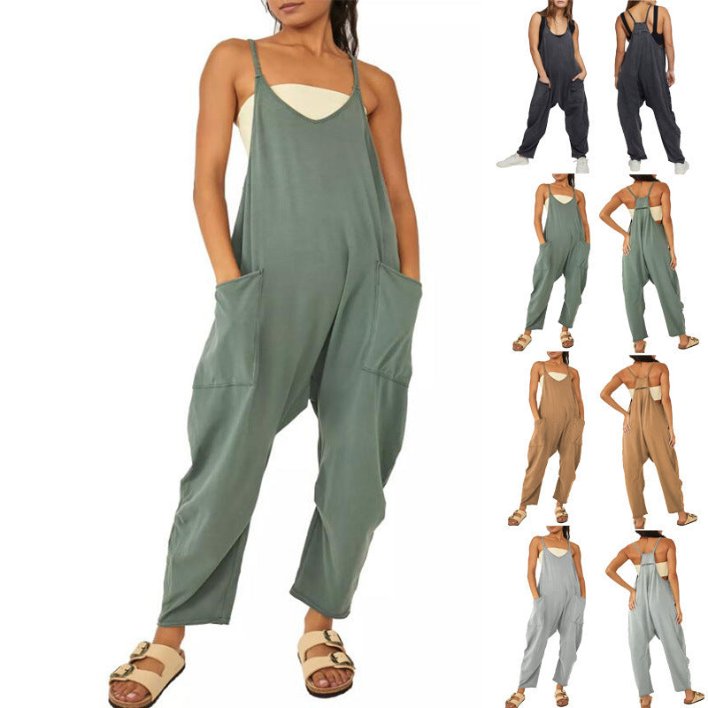 Summer Sleeveless Jumpsuit for Women - Loose Fit, Stretchy, with Pockets and Zipper Closure