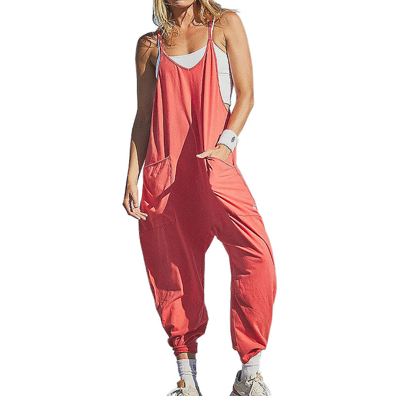 Summer Sleeveless Jumpsuit for Women - Loose Fit, Stretchy, with Pockets and Zipper Closure