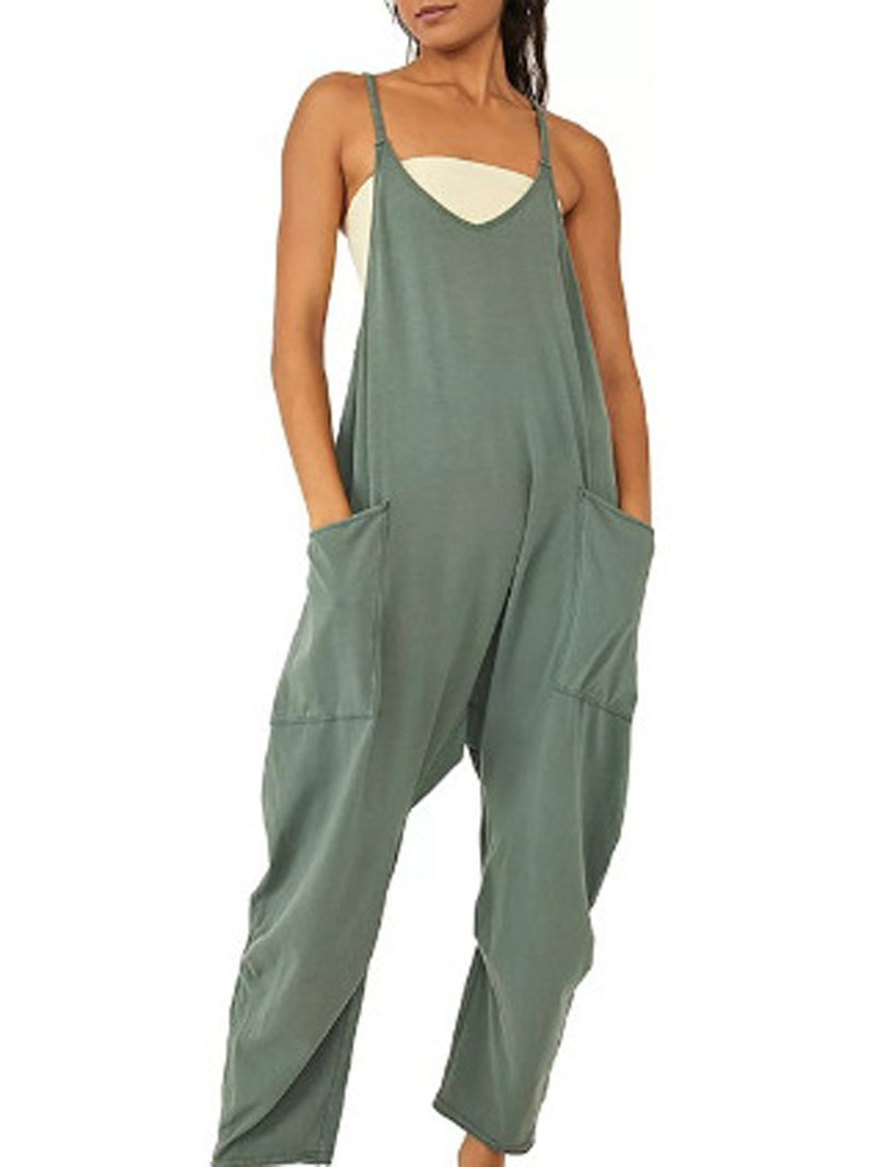 Summer Sleeveless Jumpsuit for Women - Loose Fit, Stretchy, with Pockets and Zipper Closure